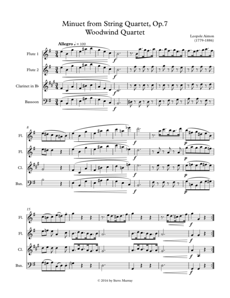 Minuet From String Quartet Op 7 For Woodwind Quartet Sheet Music