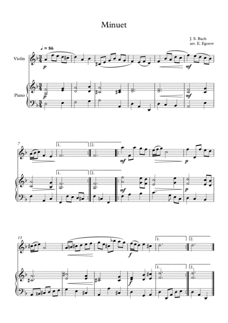 Free Sheet Music Minuet In D Minor Johann Sebastian Bach For Violin Piano