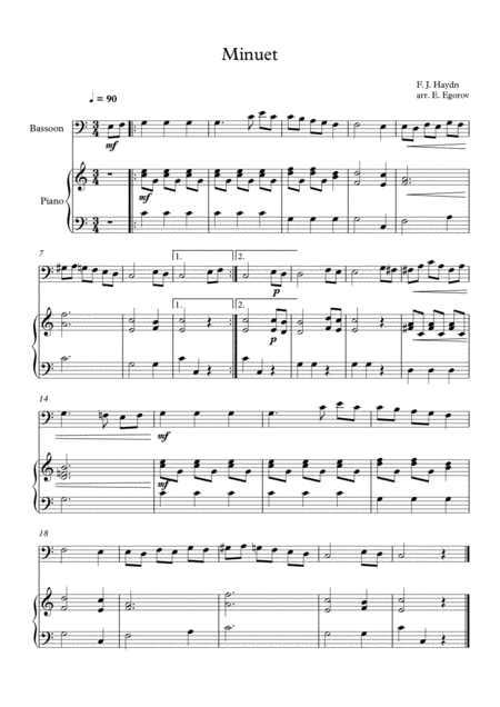 Minuet In F Major Franz Joseph Haydn For Bassoon Piano Sheet Music