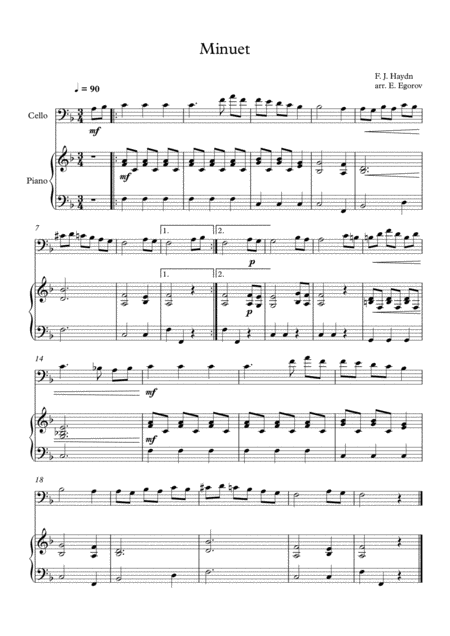 Minuet In F Major Franz Joseph Haydn For Cello Piano Sheet Music