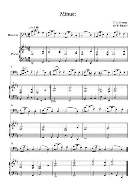 Minuet In F Major Wolfgang Amadeus Mozart For Bassoon Piano Sheet Music