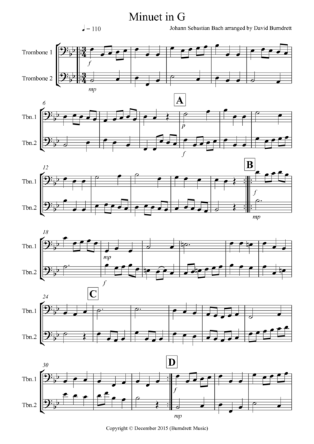 Free Sheet Music Minuet In G By Bach For Trombone Duet