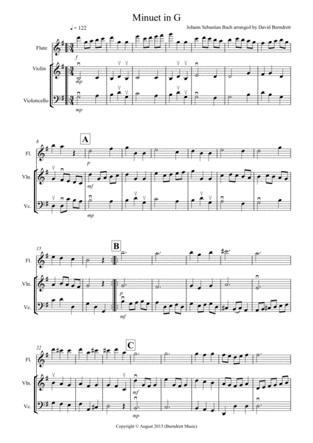 Free Sheet Music Minuet In G For Flute Violin And Cello