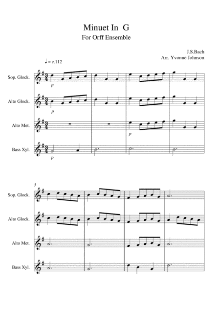 Minuet In G For Orff Ensemble Sheet Music