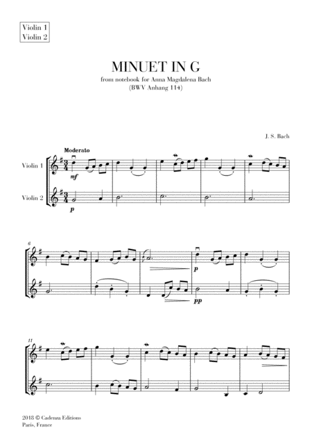 Minuet In G From Anna Magdalena Notebook For Violin Duet String Duet Sheet Music