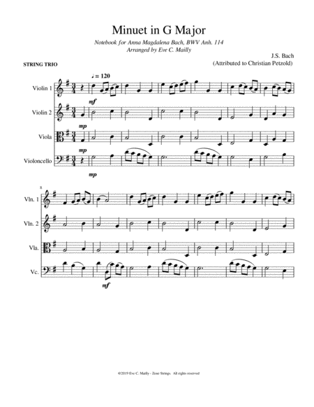 Minuet In G Major Bwv Anh 114 Js Bach String Trio Sheet Music