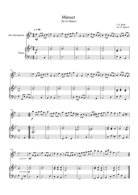 Minuet In G Major Johann Sebastian Bach For Alto Saxophone Piano Sheet Music