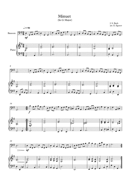 Minuet In G Major Johann Sebastian Bach For Bassoon Piano Sheet Music