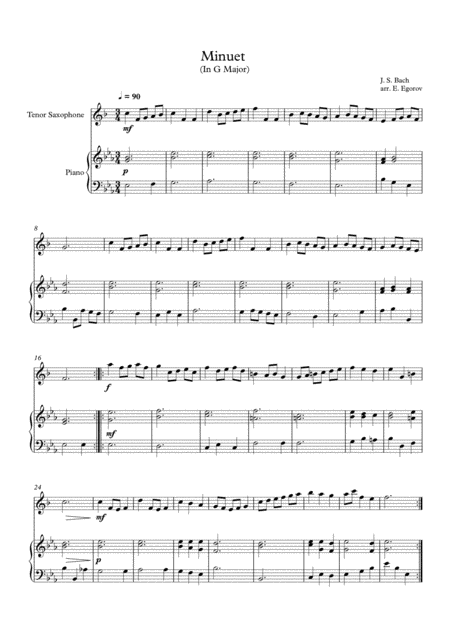 Free Sheet Music Minuet In G Major Johann Sebastian Bach For Tenor Saxophone Piano