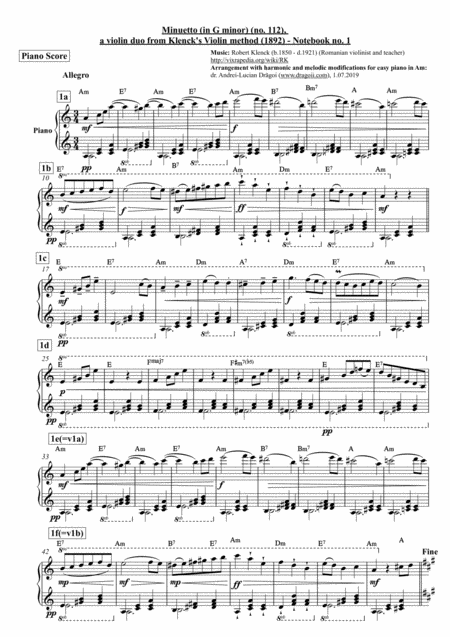 Minuetto In G Minor No 112 A Violin Duo From Klencks Violin Method 1892 Notebook No 1 Easy Piano Arrangement With Modifications Including Lead Sheet Sheet Music