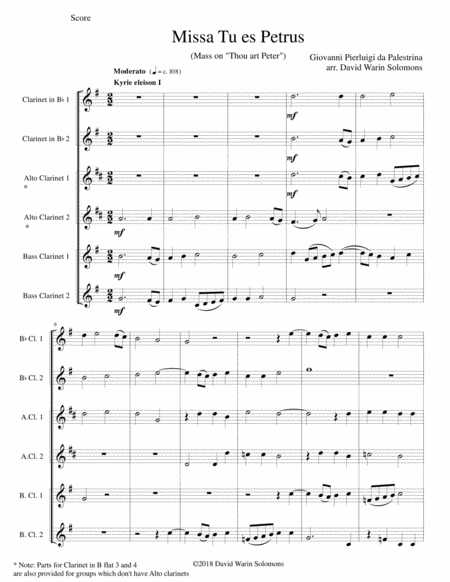 Missa Tu Es Petrus Mass On Thou Art Peter Arranged For Clarinet Choir Or Clarinet Sextet Sheet Music