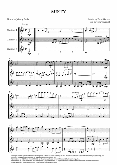 Free Sheet Music Misty 3 Equal Clarinets