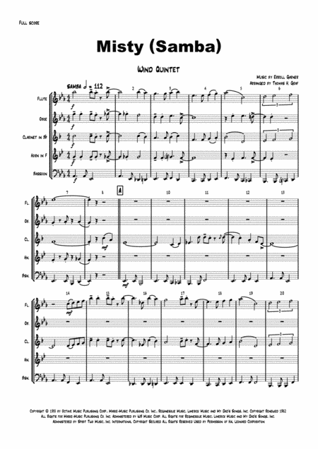 Misty Eroll Garner Samba Wind Quintet Sheet Music