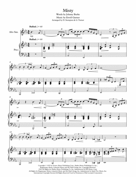 Free Sheet Music Misty For Alto Sax Solo With Piano Accompaniment Erroll Garner