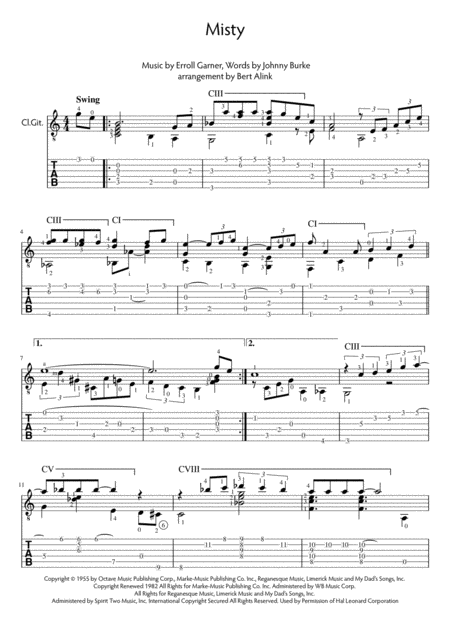 Free Sheet Music Misty Std Notation And Tablature