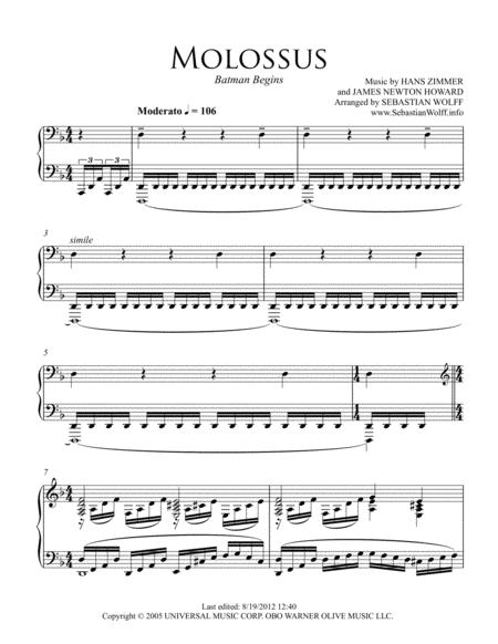 Molossus From Batman Begins Piano Arrangement Sheet Music