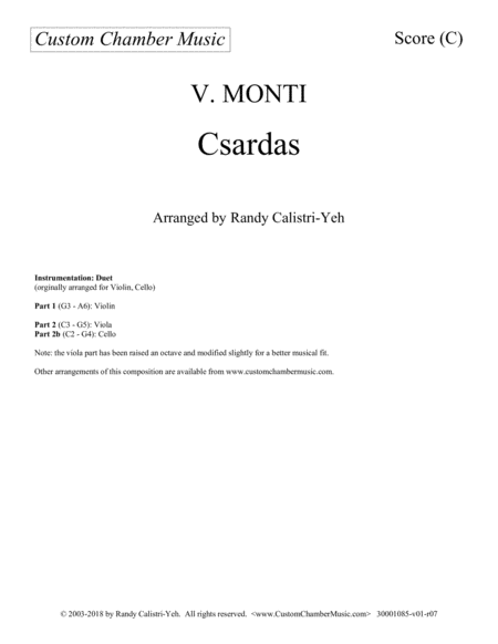 Monti Csardas Czardas Duet For Violin And Cello Viola Sheet Music