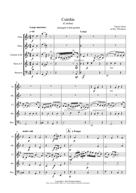 Monti Csrds Czardas Arranged Wind Quintet Sheet Music