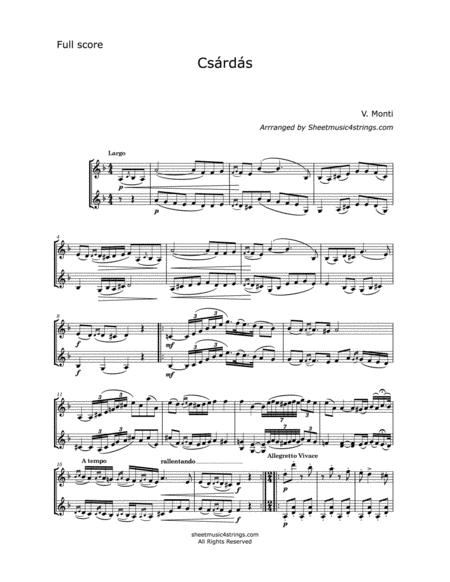 Monti V Czardas For Two Violins Sheet Music