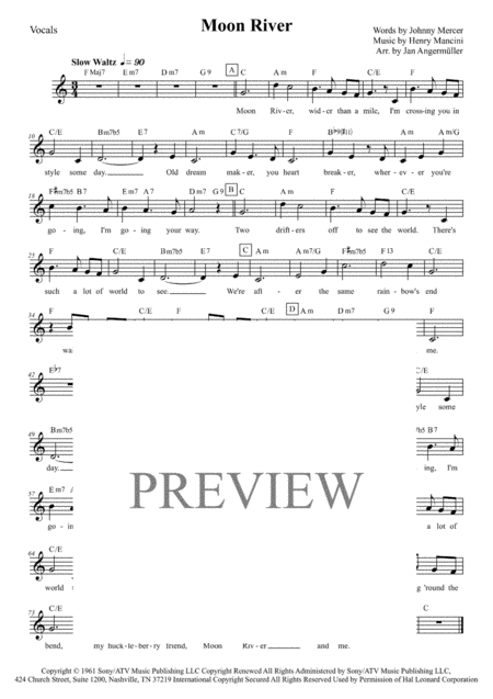 Free Sheet Music Moon River Vocal W Chords Collection Of Different Keys C D G Ab A Bb