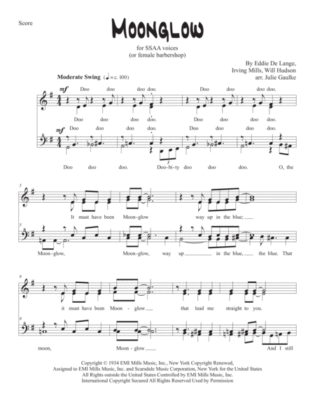 Moonglow For Female Barbershop A Cappella Voices Sheet Music