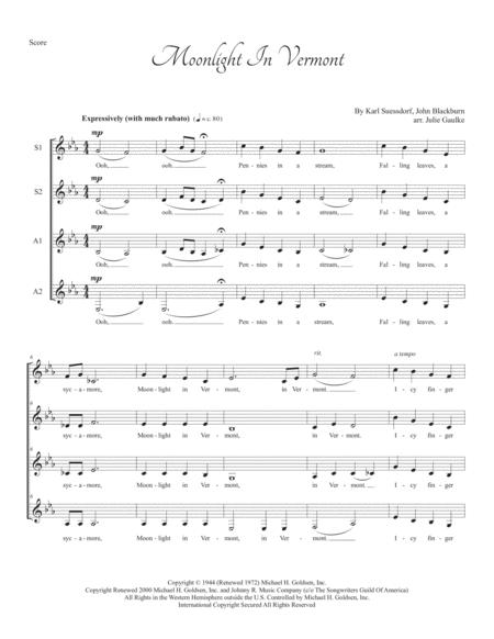 Free Sheet Music Moonlight In Vermont For Ssaa A Cappella Quartet