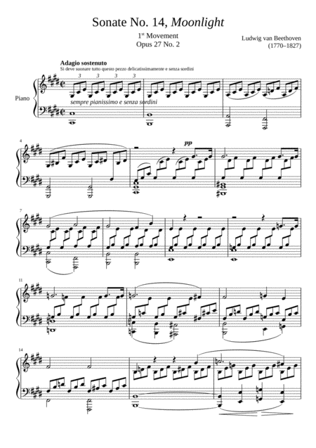 Free Sheet Music Moonlight Sonata Mov 1 Ludwig Van Beethoven