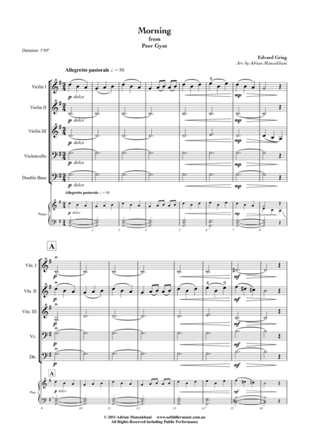 Morning From Peer Gynt By Edvard Grieg Arranged For String Orchestra Sheet Music