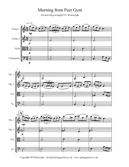 Morning From Peer Gynt By Grieg Arranged For String Quartet With Score Parts Rehearsal Letters Mp3 Sheet Music