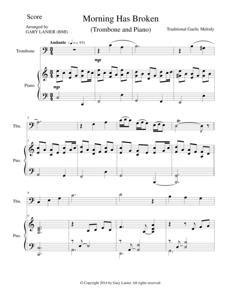 Morning Has Broken Trombone Piano And Trombone Part Sheet Music