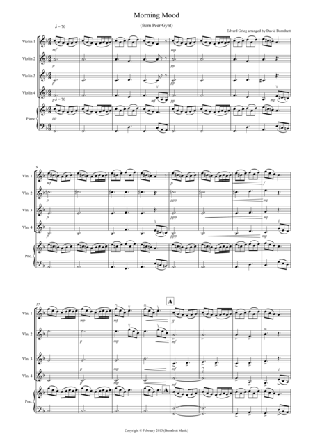 Morning Mood From Peer Gynt For Violin Quartet Sheet Music