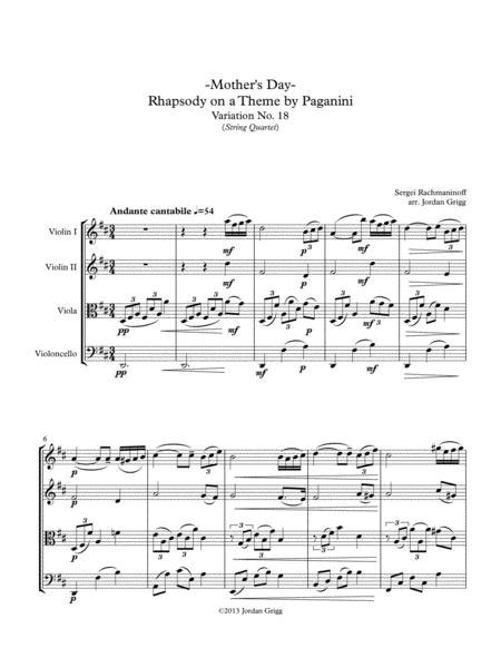 Free Sheet Music Mothers Day Rhapsody On A Theme By Paganini Variation No 18 String Quartet