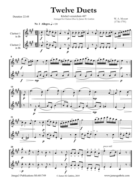 Mozart 12 Duets K 487 For Clarinet Duo Sheet Music