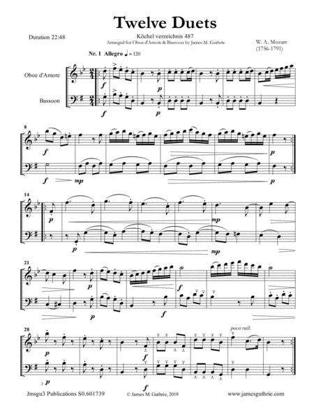 Free Sheet Music Mozart 12 Duets K 487 For Oboe D Amore Bassoon