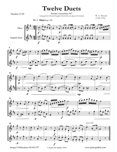 Mozart 12 Duets K 487 For Oboe English Horn Sheet Music