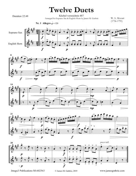 Mozart 12 Duets K 487 For Soprano Sax English Horn Sheet Music