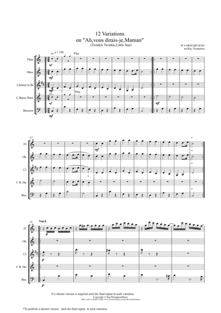 Mozart 12 Variations On Ah Vous Dirais Je Maman Twinkle Twinkle Little Star K265 Wind Quintet Sheet Music