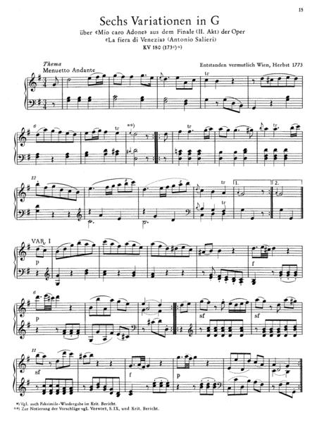 Free Sheet Music Mozart 6 Variations In G Major On Mio Car Adone From The Opera La Fiera Di Venezia By Antonio Salieri K 180