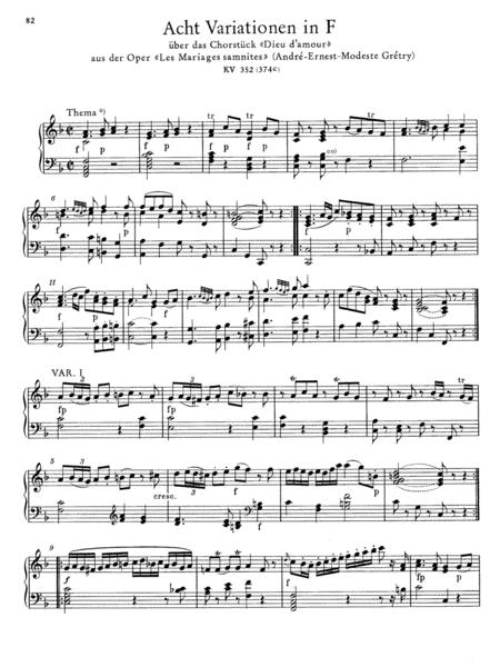 Mozart 8 Variations In F Major On The Choir Dieu D Amour From The Opera Les Mariages Samnites By Andr Grtry K 352 Sheet Music