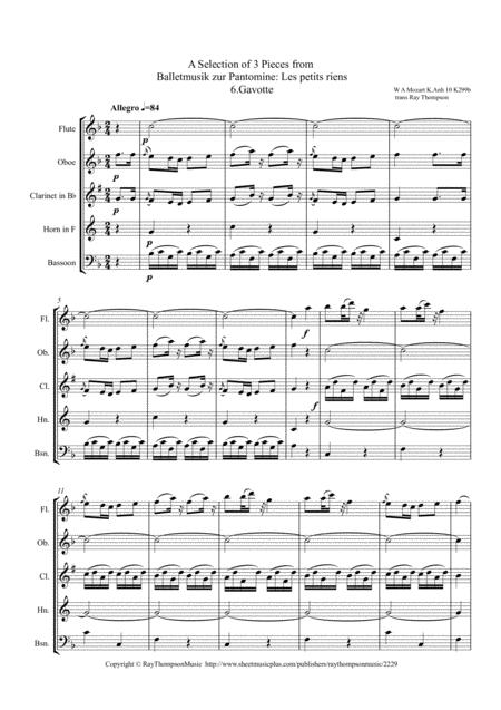 Free Sheet Music Mozart A Selection Of 3 Pieces From Balletmusik Zur Pantomime Les Petits Riens K299b K Anh 10 Wind Quintet