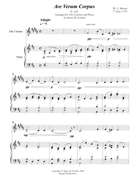 Mozart Ave Verum Corpus For Alto Clarinet Piano Sheet Music