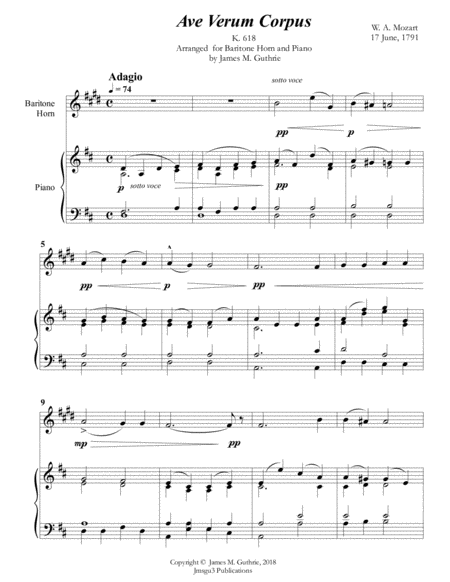 Free Sheet Music Mozart Ave Verum Corpus For Baritone Horn Piano