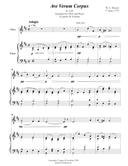 Mozart Ave Verum Corpus For Oboe Piano Sheet Music