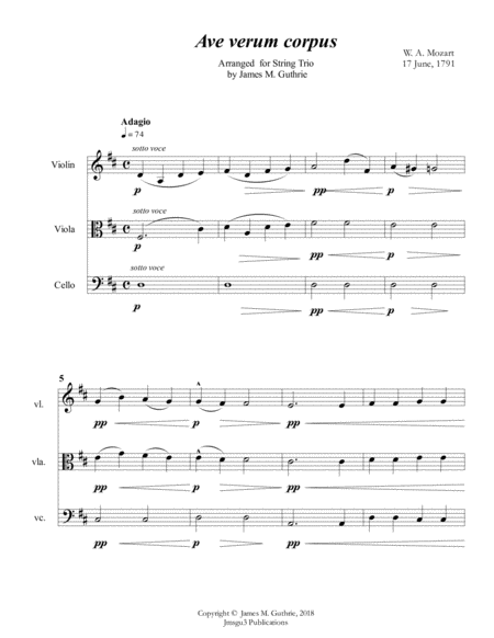 Mozart Ave Verum Corpus For String Trio Sheet Music