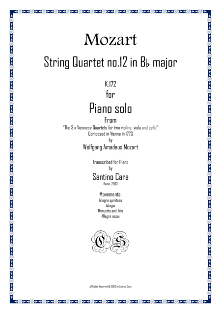 Free Sheet Music Mozart Complete String Quartet No 12 In B Flat Major K172 For Piano Solo