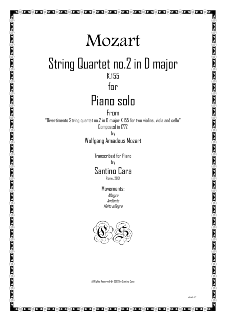 Mozart Complete String Quartet No 2 In D Major K155 For Piano Solo Sheet Music