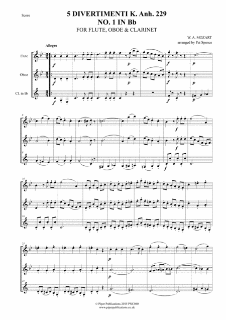 Mozart Divertimento For Flute Oboe Clarinet K Anh 229 No 1in Bb Sheet Music