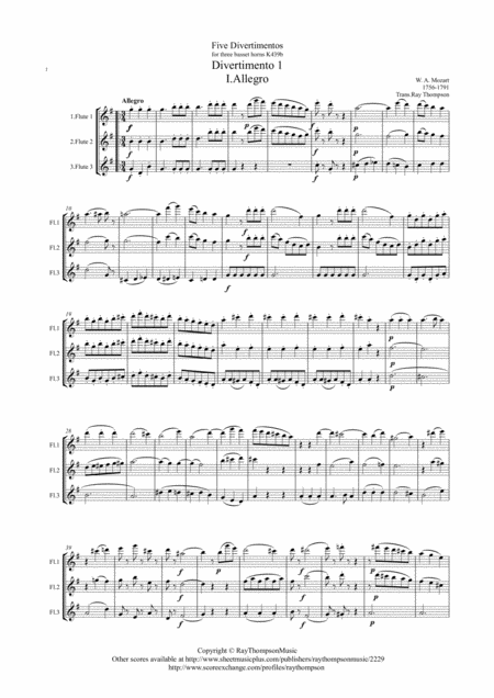 Mozart Divertimento No 1 Complete From Five Divertimenti For 3 Basset Horns K439b Flute Trio Sheet Music