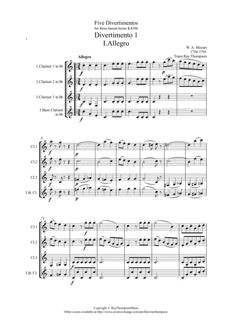 Mozart Divertimento No 1 Complete From Five Divertimenti For 3 Basset Horns Kv439 Clarinet Trio Opt Bass Clt Sheet Music