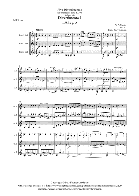 Free Sheet Music Mozart Divertimento No 1 Complete From Five Divertimenti For 3 Basset Horns Kv439b Horn Trio